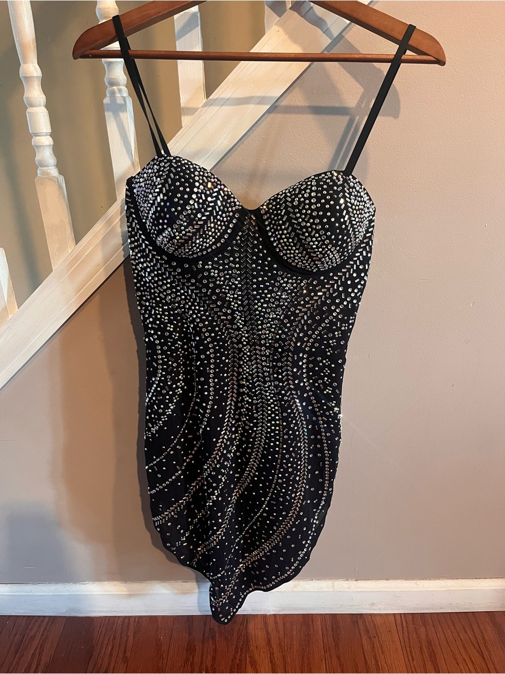 Black Embellished Spaghetti Strap Bodycon Dress